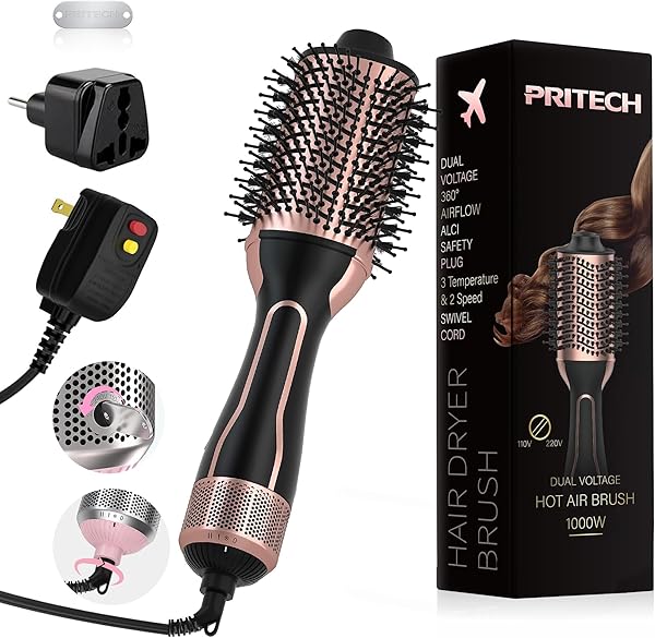 PRITECH 1000W Dual Voltage Ceramic Ionic Hair Dryer Brush,4-in-1 Hot Air Styler & One Step Volumizer for Straight & Curly Hair Salon (110-120V/220-240V),Black Gold
