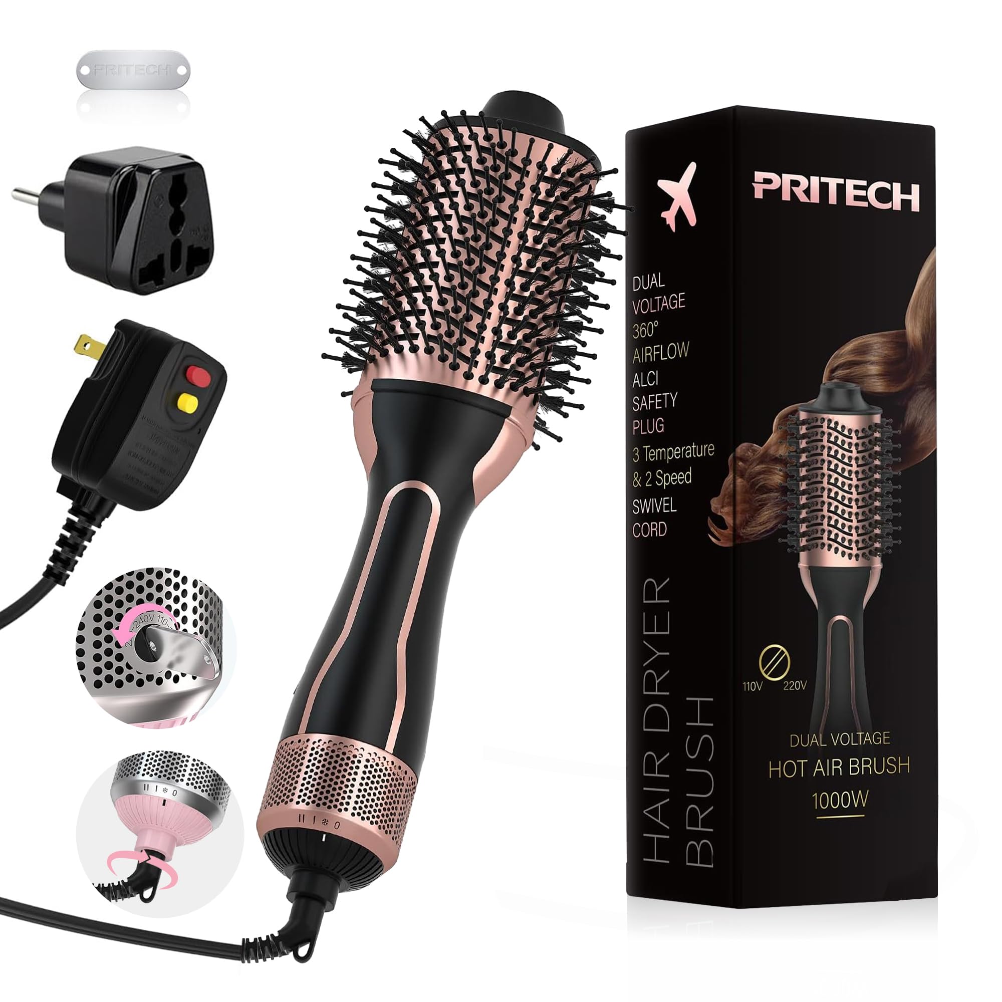 PRITECH1000W Dual Voltage Ceramic Ionic Hair Dryer Brush,4-in-1 Hot Air Styler & One Step Volumizer for Straight & Curly Hair Salon (110-120V/220-240V),Black Gold