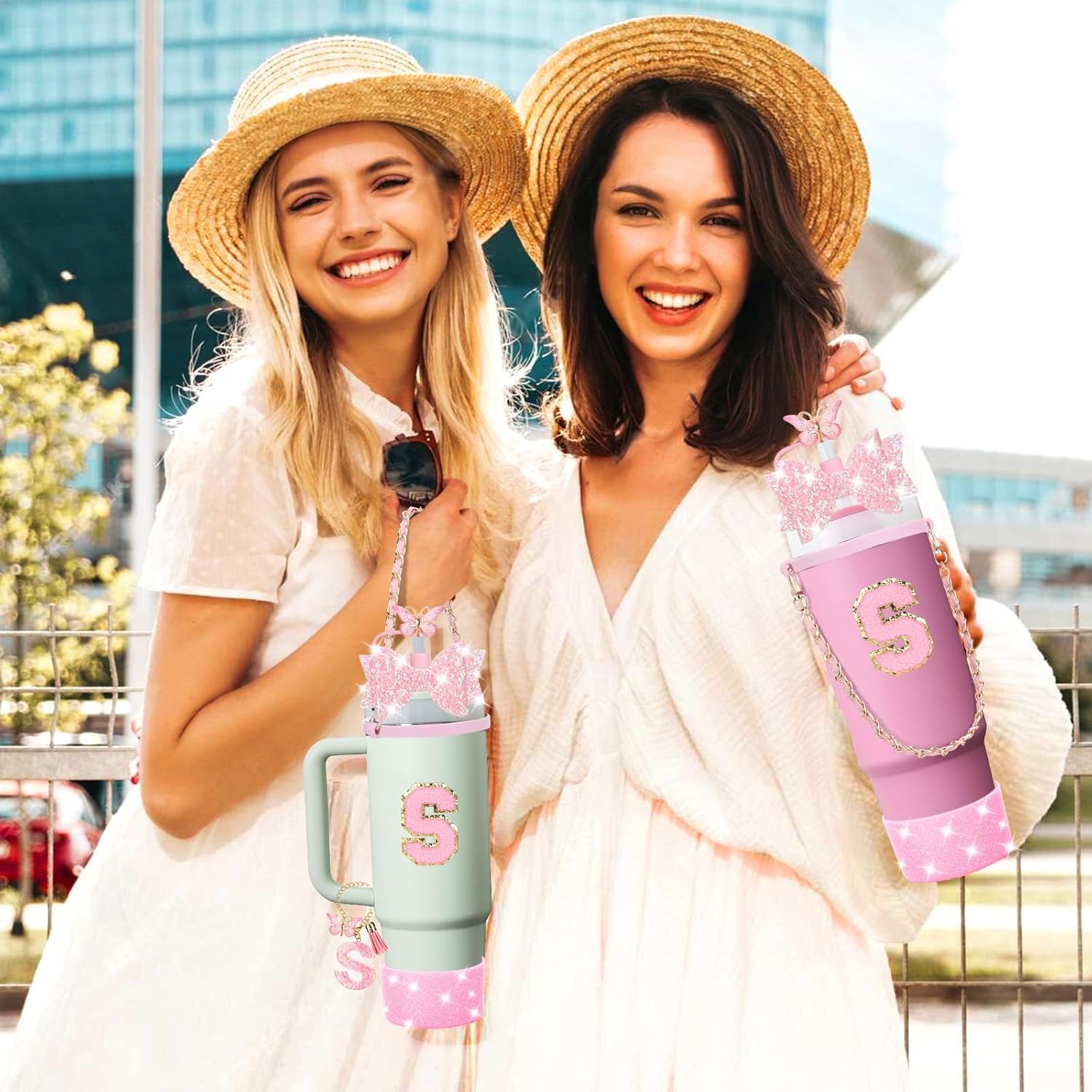 Mity rain 9PCS Pink Cup Accessories Set for Stanley Cup 30oz 40oz tumbler with handle - Includes Strap,Straw Bow Decorate,Straw Topper,Boot,Spill Proof Stoppers,Handle Charms,Sticker (Initials S) - Image 4