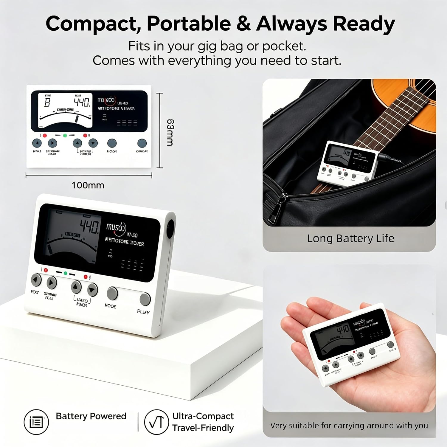 Digital Metronome Tuner 3-in-1,Chromatic Tuner for Guitar Bass Violin Ukulele, 0.1Hz Precision Tone Generator, LCD Display Portable Music Tool with 30-280 BPM, Musician Gift