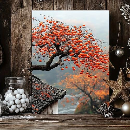 Ukixom Inner Frame Modern Persimmon Tree Landscape Wall Art Print Persimmon Branches Fruit Poster Canvas Decor Suitable For Home Office(60X75cm(24X30in)/Innerframe)