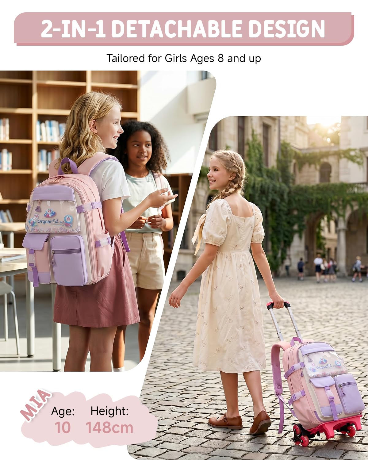 Tanou Mochila escolar con ruedas para niñas, mochila escolar con ruedas de 2 a 5 clases, mochila escolar para niñas con 6 ruedas, desmontable, Rosa., Mittelgroße, Preppy