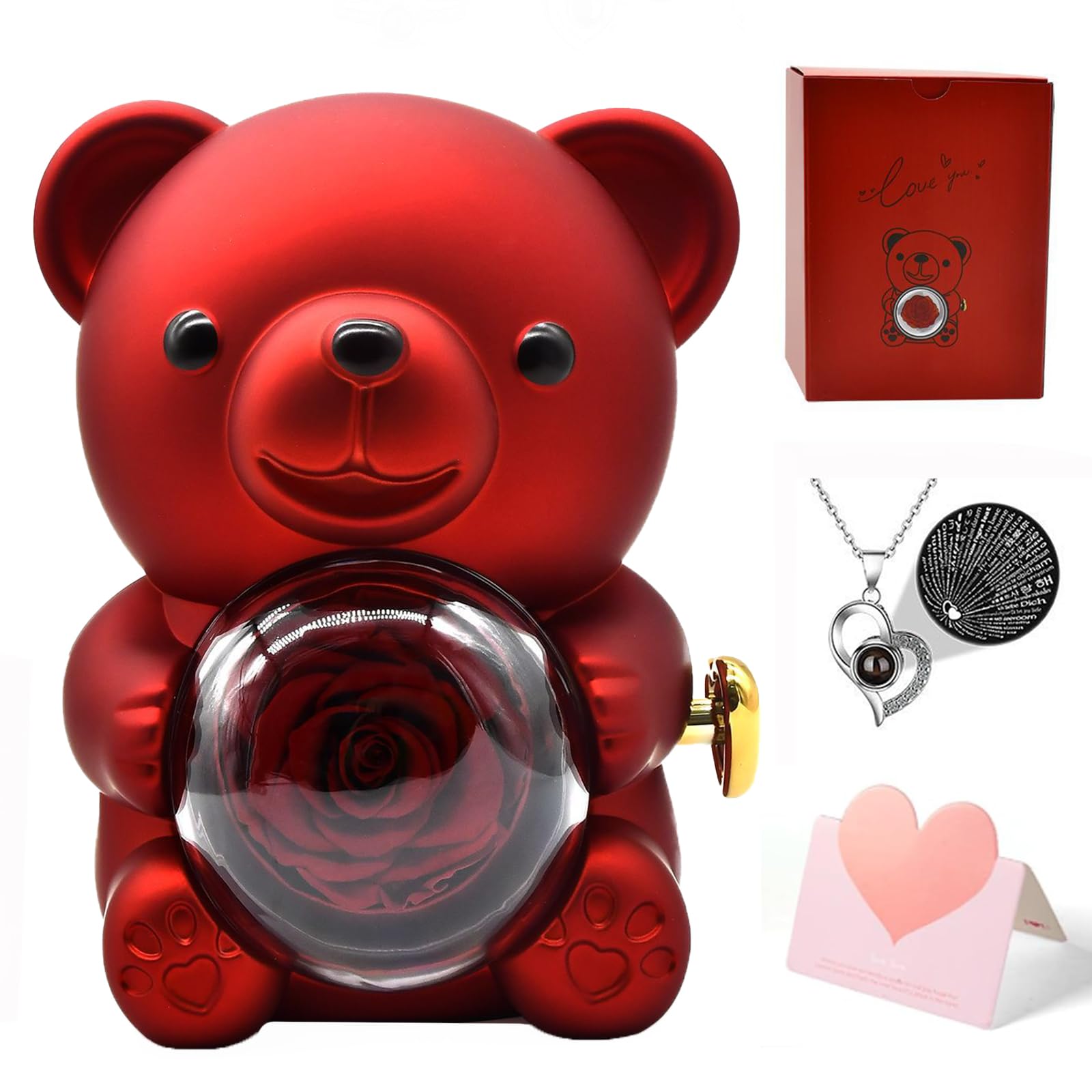 Orsetto Rosa Eterna con Collana a Forma di Cuore,Orso di rosa Eterna Confezione Regalo,Orsetto di Rose Stabilizzate con Scatola per Donna,Mamma,per San Valentino,Festa della Mamma,Anniversario (Rosso)