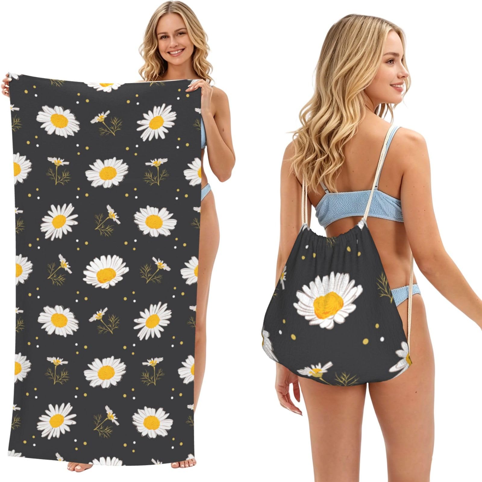Poadnly As Picture Daisy Flowers, 2 In 1 Packable Towel Bag, Beach Towels With Drawstring Backpack For Travel Holiday Camping