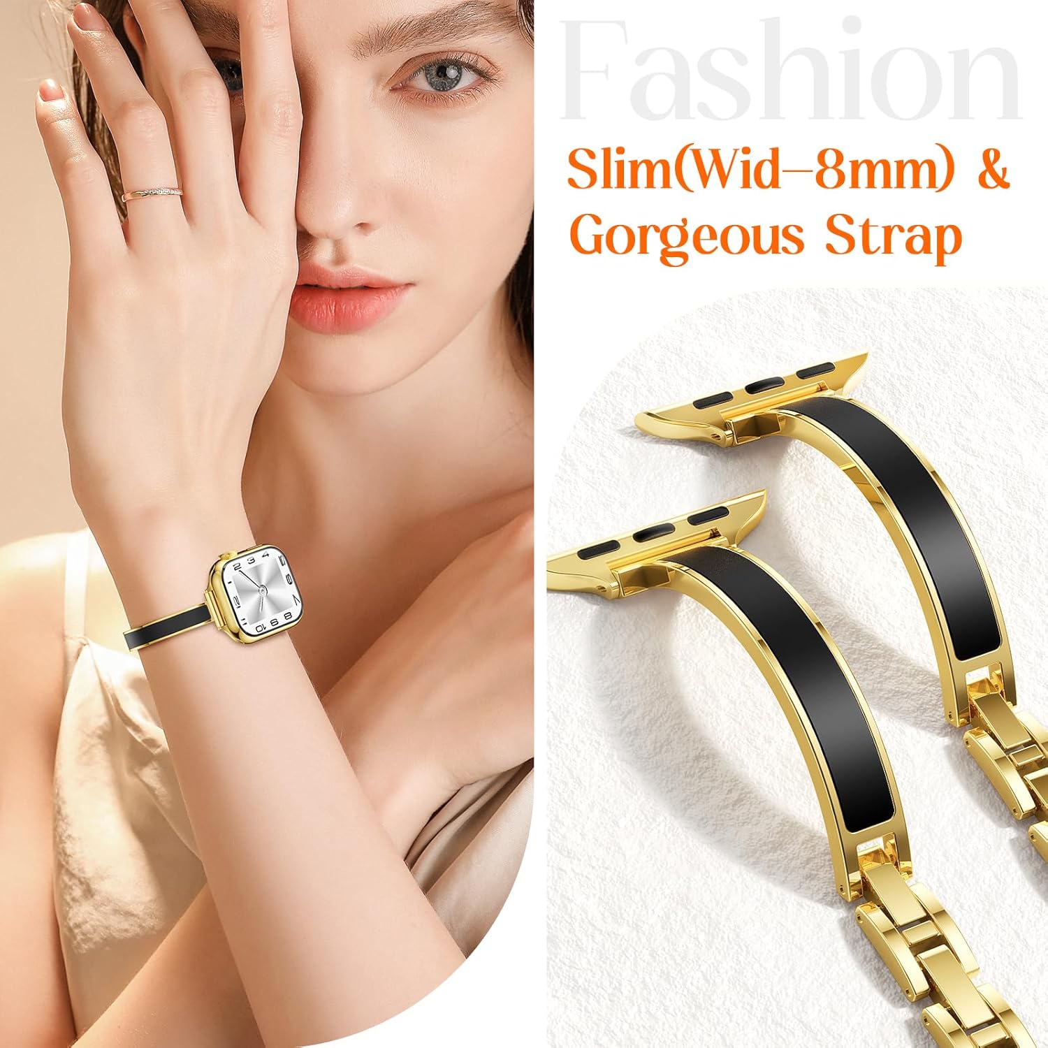 Mosonio Slim Bracelet Bands for Apple Watch Women, Elegant Thin Metal Band with Embedded Silicone Accents Compatible with Apple Watch Ultra / Series 11 10 9 8 7 6 5 4 SE 3 2 1, Easy-Adjust Link Strap for iWatch 49mm 46mm 45mm 44mm 42mm 41mm 40mm 38mm - Image 3