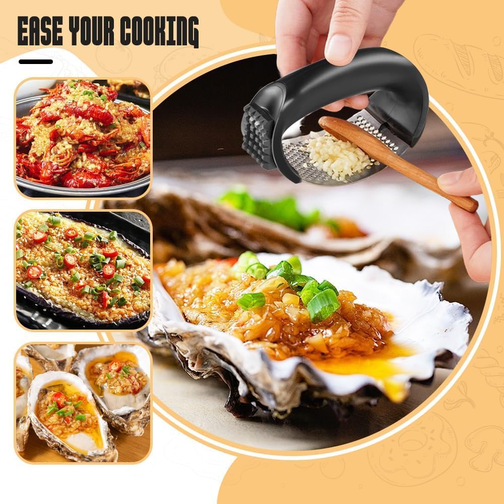 Garlic Press,Garlic Mincer,Garlic Crusher,Upgraded Garlic Press Rocker Stainless Steel Garlic Mincer Tool with Garlic Peeler Tube and Cleaning Brush(Pink)