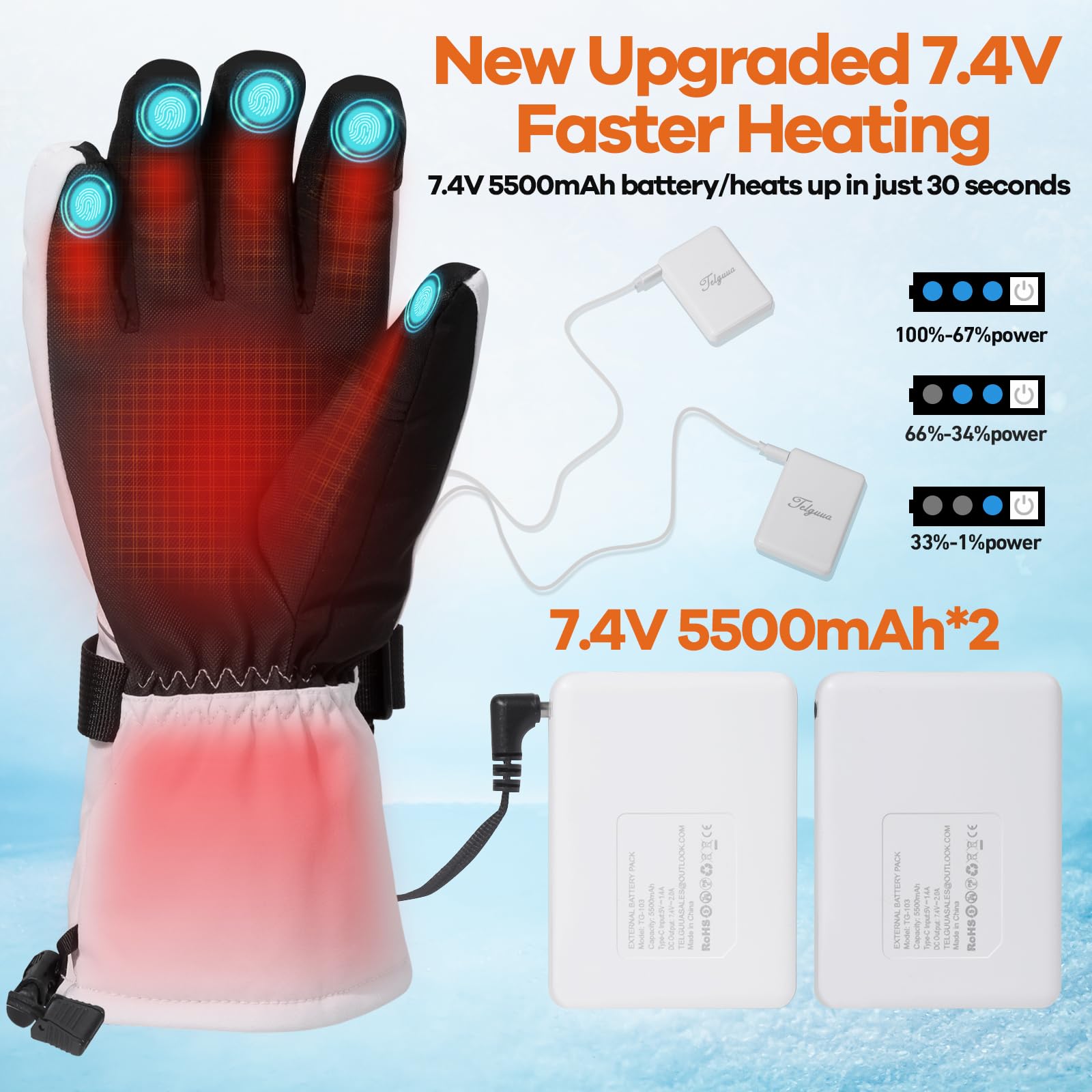 Telguua Guanti Riscaldati per Uomini Donne,7.4V 5500mAh Ricaricabili Guanti Riscaldanti Elettrici 3 Livelli di Riscaldamento Scaldamani Touchscreen Con Riscaldamento Dita per Moto Sci