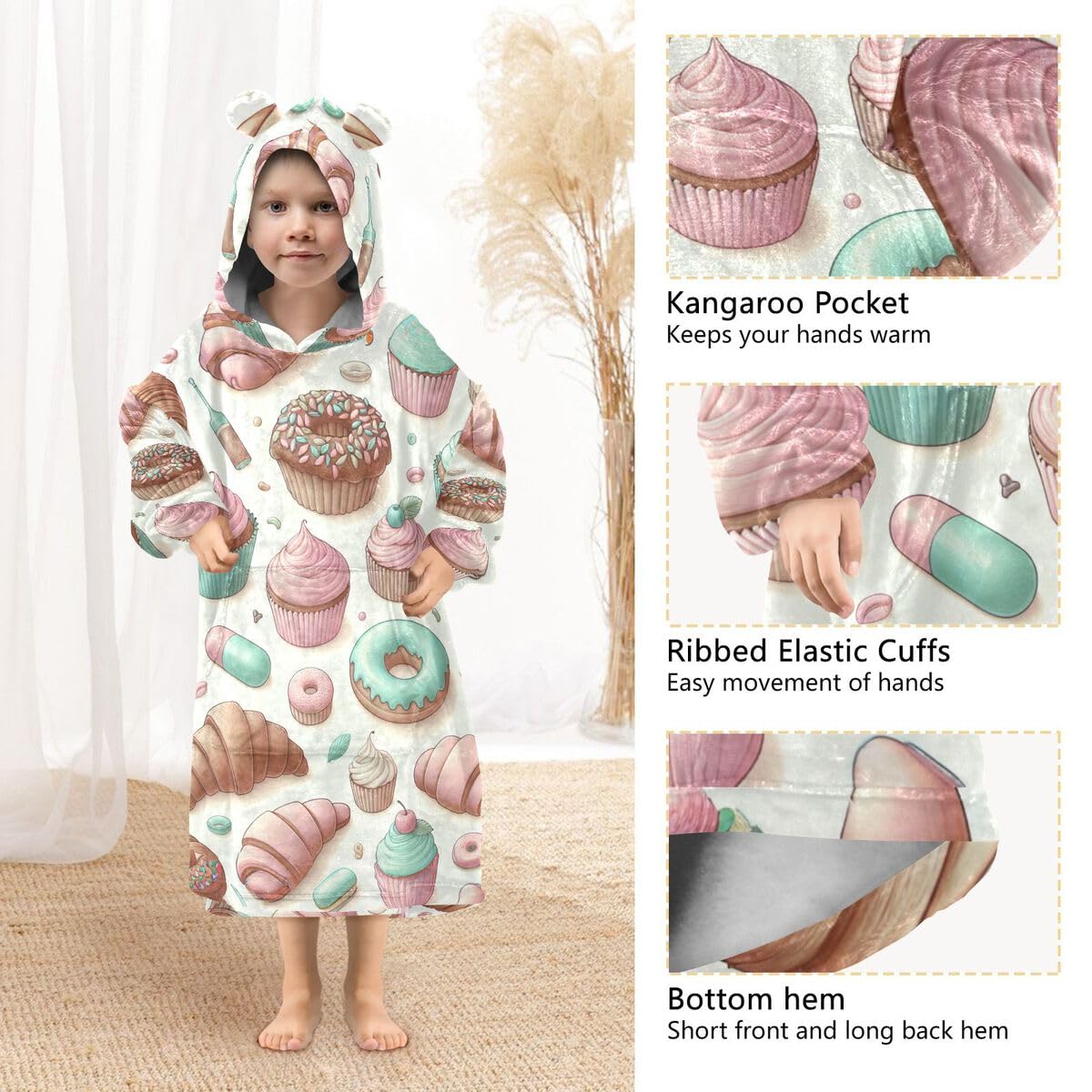 Cupcake Donut dziecięcy koc do noszenia z kapturem, oversize, bluza z kapturem, sweter, różowy, obraz, dla chłopców i dziewcząt w wieku 3-14 lat, multi, 150-170