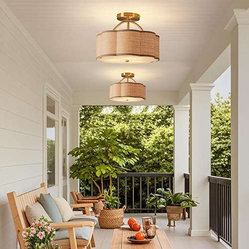 Miniatura 4 de Lámpara de techo semiempotrada de ratán de 13 pulgadas, 3 luces, estilo bohemio, mini lámpara de techo para pasillo, entrada, cocina, baño,