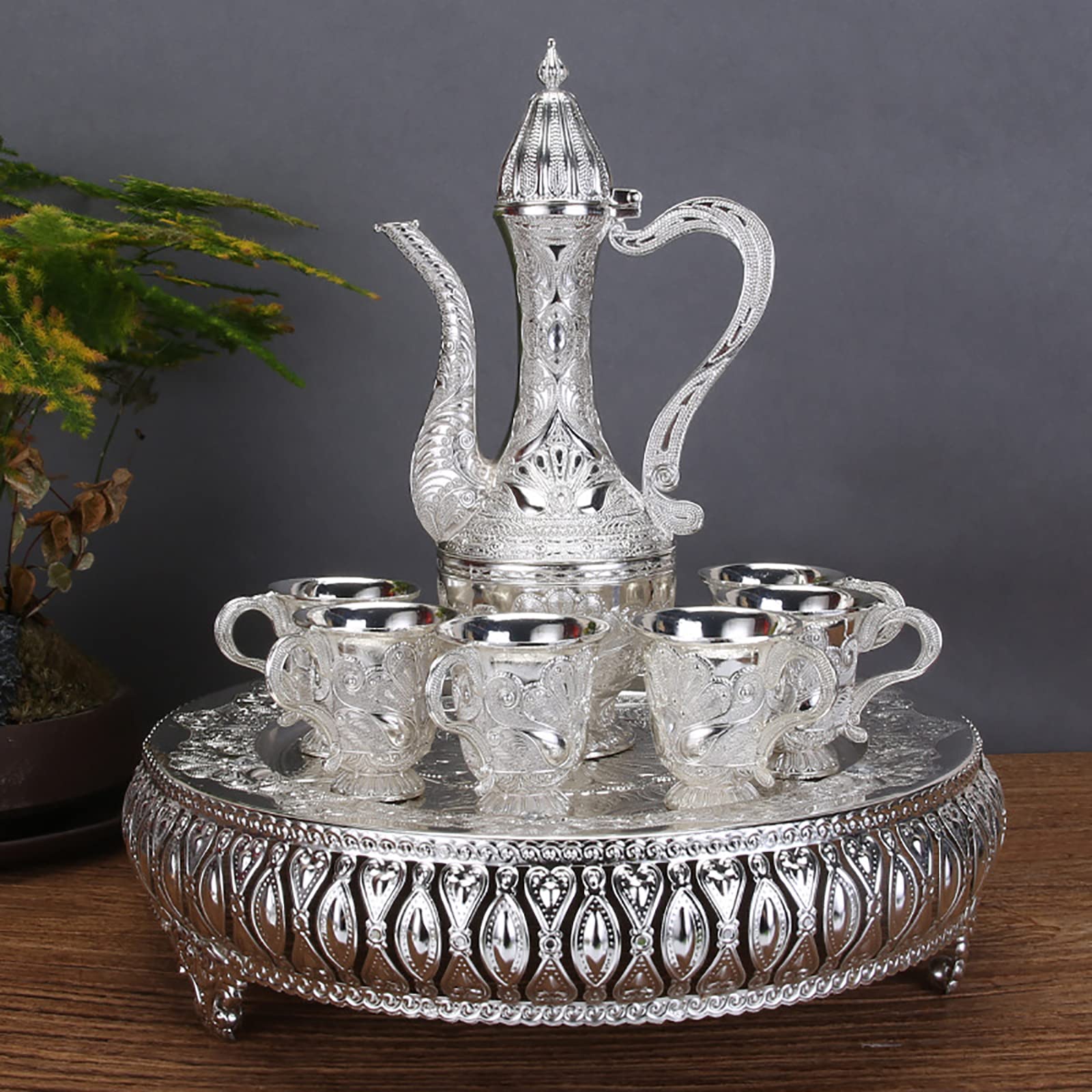 Vintage Turkish Coffee Pot Set With Tray & 6 Cups - Zinc Alloy Silver-White Retro Serving Set For Coffee & Tea