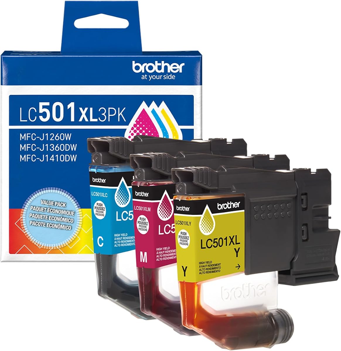 Brother Genuine LC501XL3PK 3-Pack High Yield Cyan, Magenta, and Yellow Ink Cartridges (for use with Work Smart 1260, 1360, and 1410 Printers)