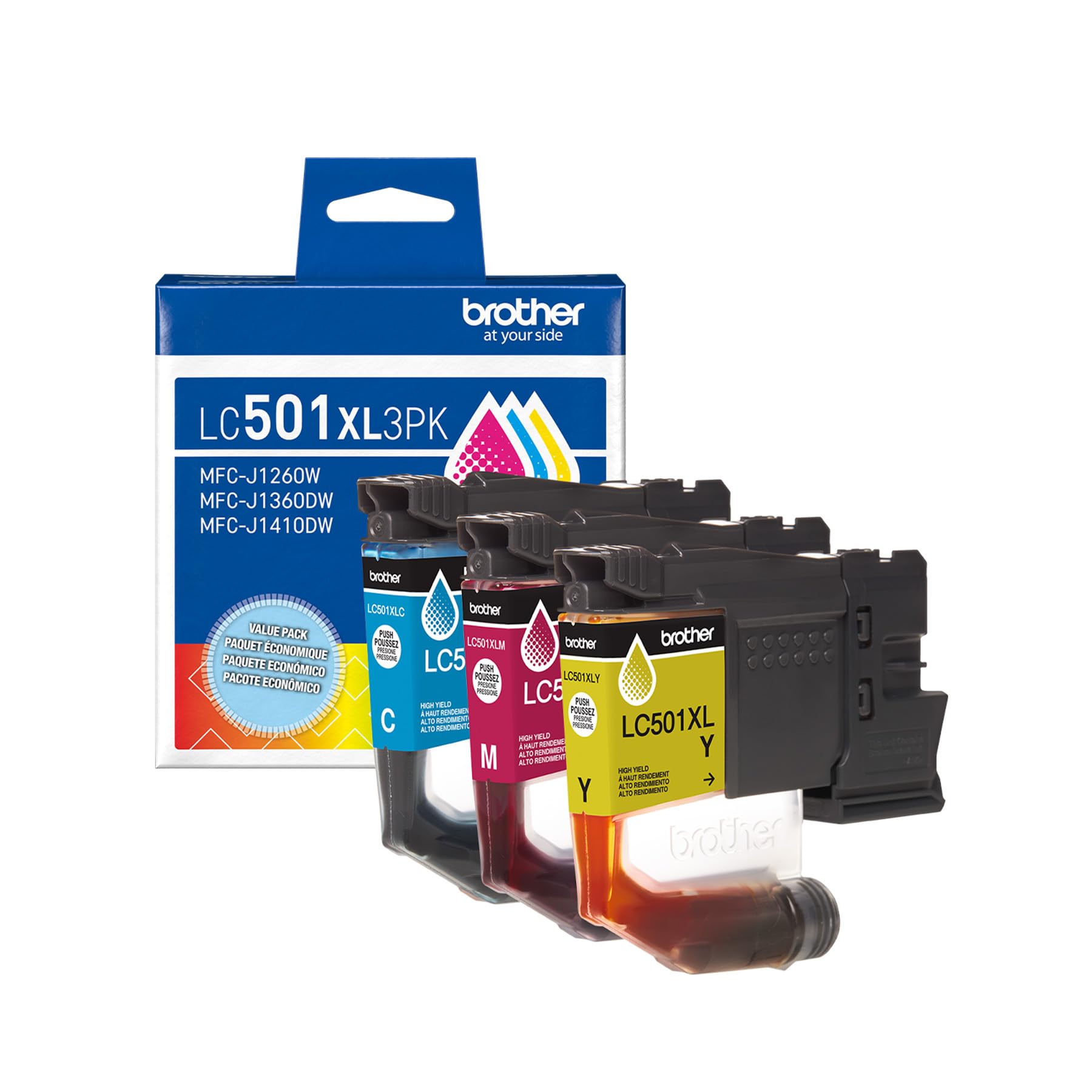 Brother Genuine LC501XL3PK 3-Pack High Yield Cyan, Magenta, and Yellow Ink Cartridges (for use with Work Smart 1260, 1360, and 1410 Printers)