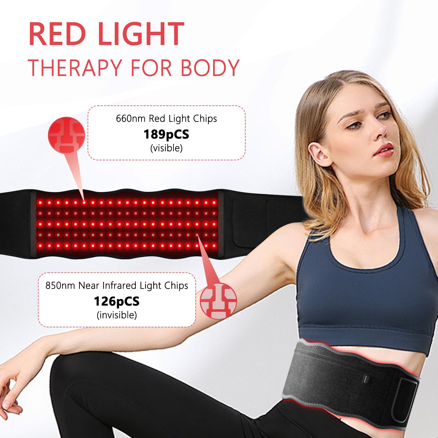 Fascia Terapeutica a Luce Rossa per il Corpo (660nm & 850nm) – Cintura a Infrarossi per Alleviare il Dolore Muscolare, Cuscinetto Indossabile con Massaggio e Timer Familiari e Amici