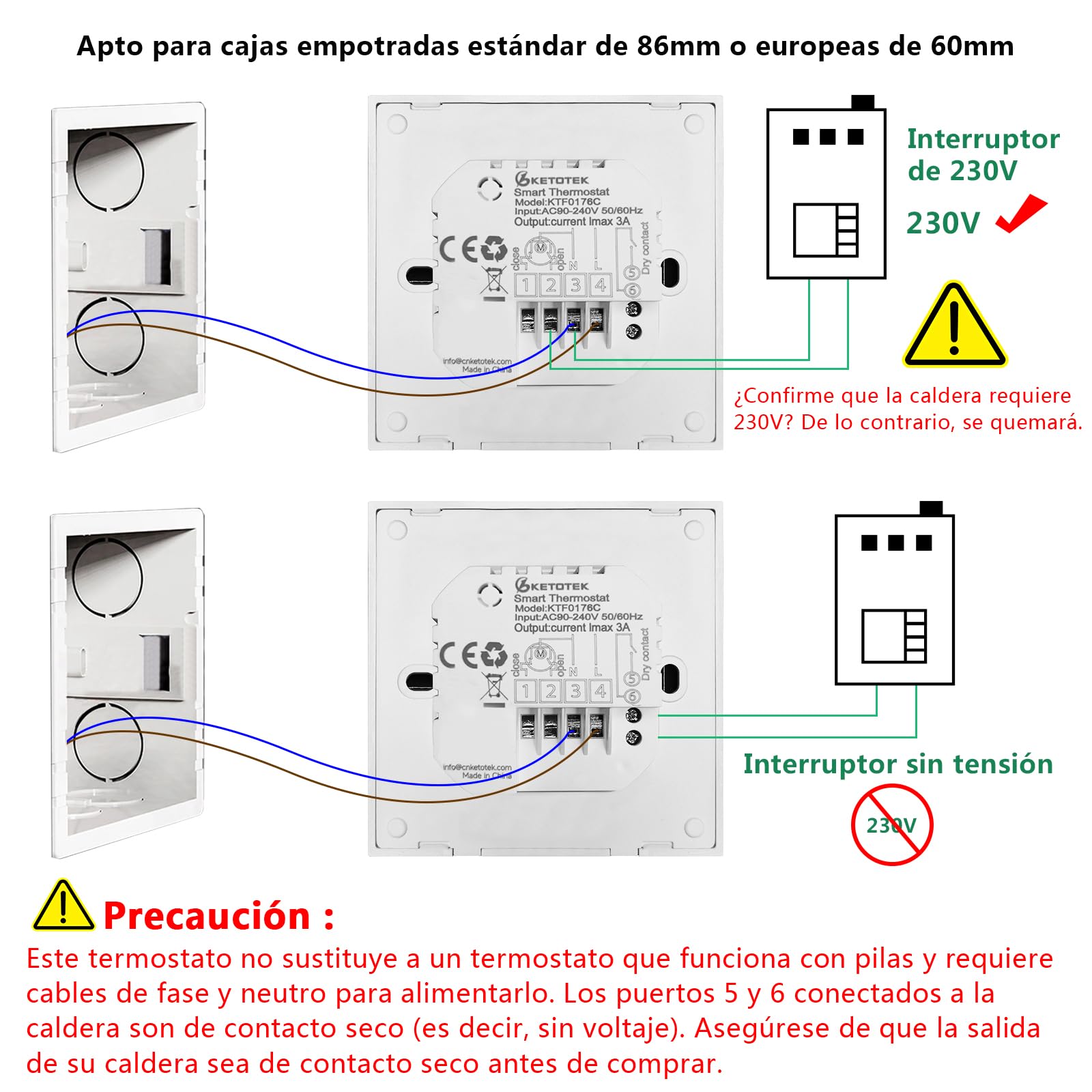KETOTEK Termostato Calefacción WiFi para Caldera de Agua y Gas, Termostato Inteligente Programmabile 3A Compatible con Alexa Control de Voz, Smart Life Control Remoto