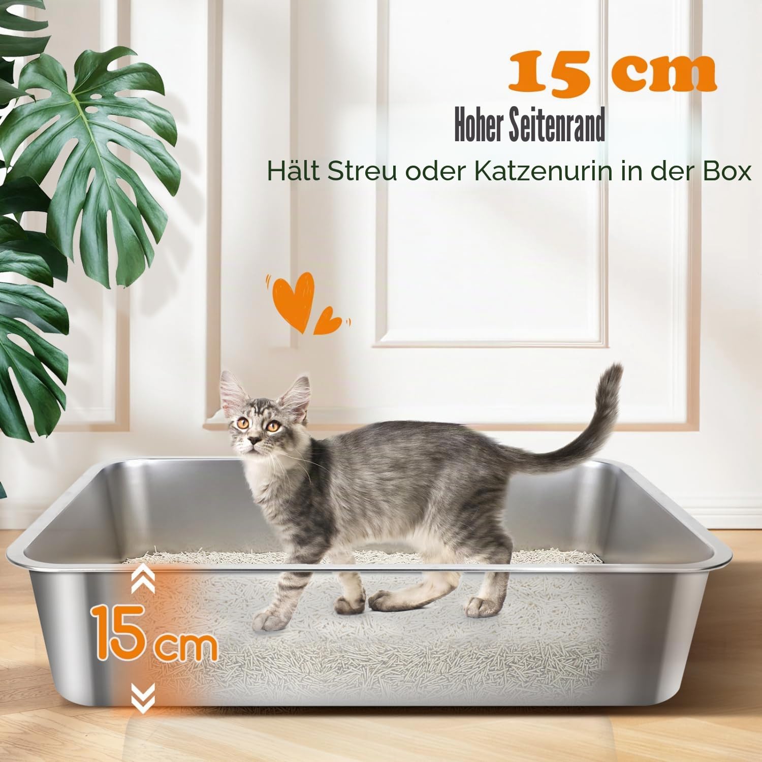 Nobleza Edelstahl Katzenklo XXL 70x50x15cm - Extra Großes Katzentoilette mit Anti-Rutsch Gummiboden, Hop-in Katzen Klo Ohne Deckel, Niemals Gerüche, Fleckfrei, Rostfrei, Antihaft Glatte Oberfläche