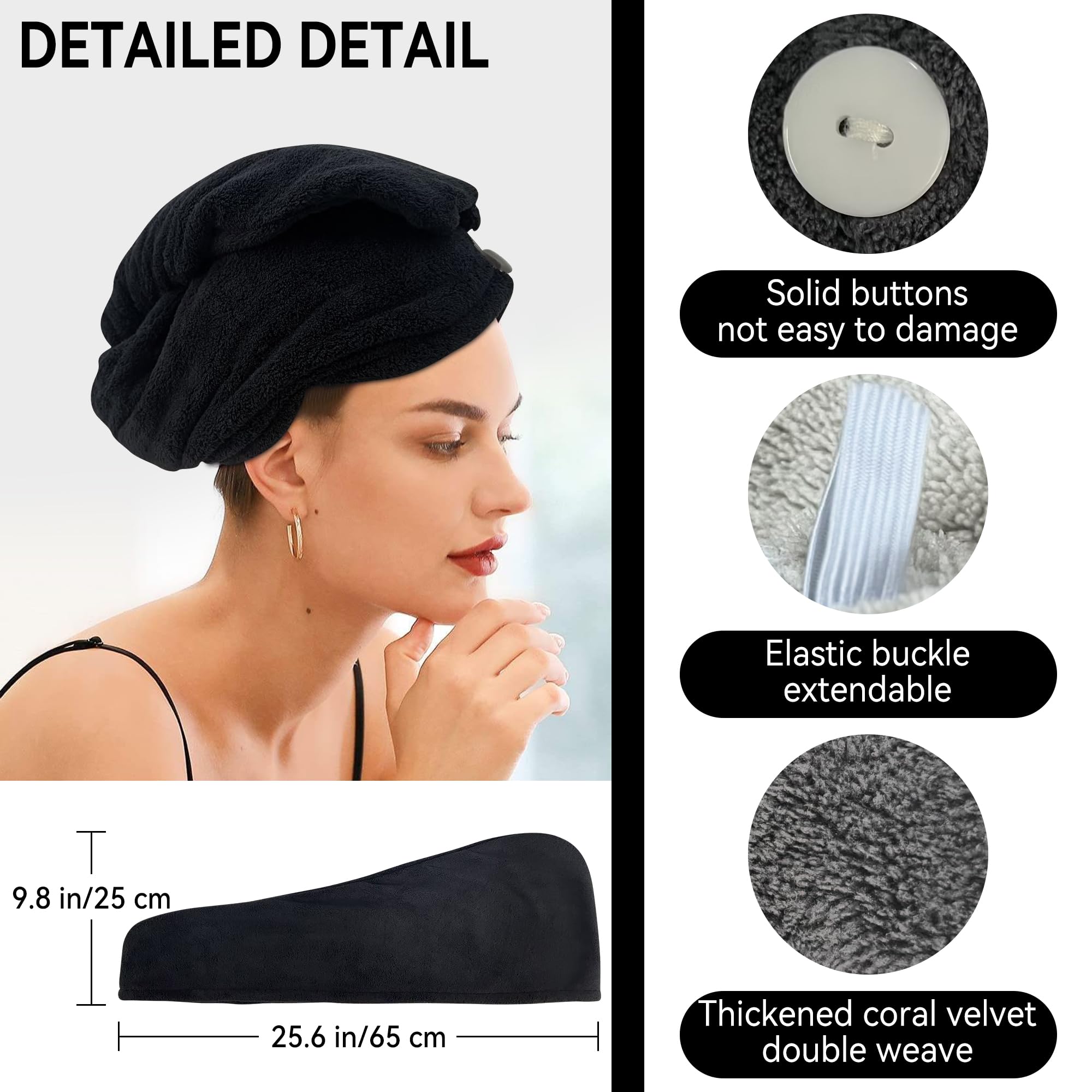 Ręcznik do włosów z mikrofibry, ręcznik do włosów, super chłonny turban do włosów z guzikami, do długich, mokrych włosów, ręcznik do suszenia włosów, szybkoschnący dla kobiet, dzieci, 25 x 65