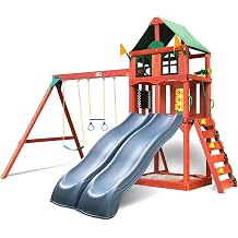 Gorilla Playsets 01-1057-GREY Playmaker Deluxe Wooden Swing Set with Dual Gray Wave Slides, Vinyl Canopy Roof, Swings, and Rock Climbing Wall, Redwood Stained Cedar