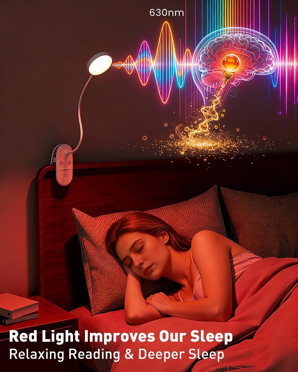 Red Light for Sleep Book Lights for Reading at Night, 630nm Eye Care Headboard Clip on Lamp, Rechargeable Bed Lights for Reading, Bendy Desk Clamp Light for Kid Adult, 2 Color