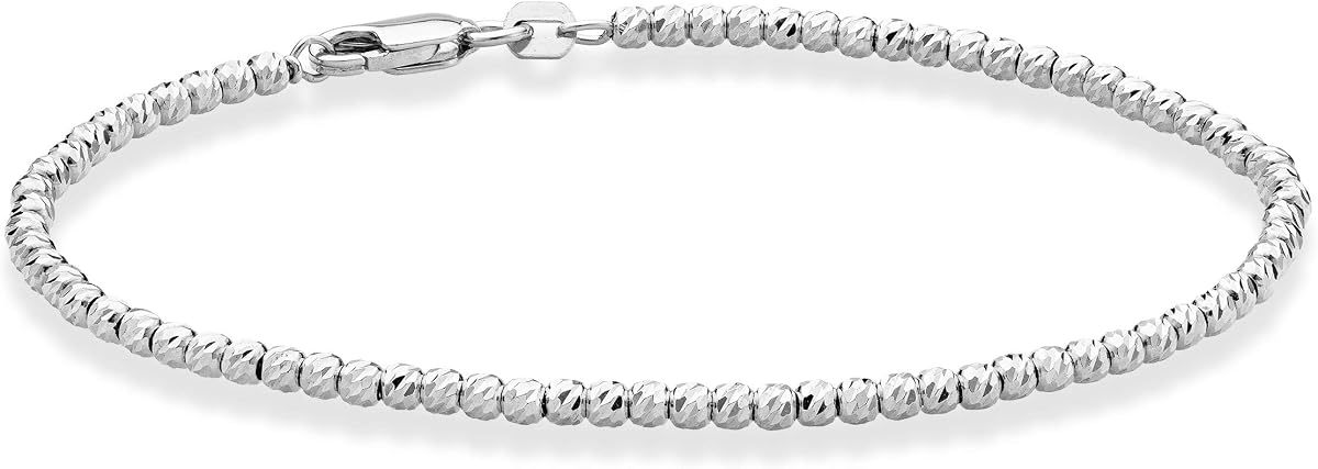 Miabella 925 Sterling Silver, 18K Yellow Gold Plated Diamond-Cut 2.5mm Bead Ball Chain Bracelet for Women, Made in Italy