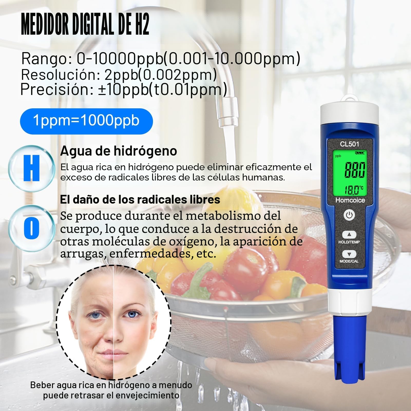 Medidor pH Cloro Piscinas 5 en 1, pH Cloro ORP H₂ Temperatura Meter medición prápida y precisa, Tester Calidad Agua para agua potable, spa, acuario, hidroponía