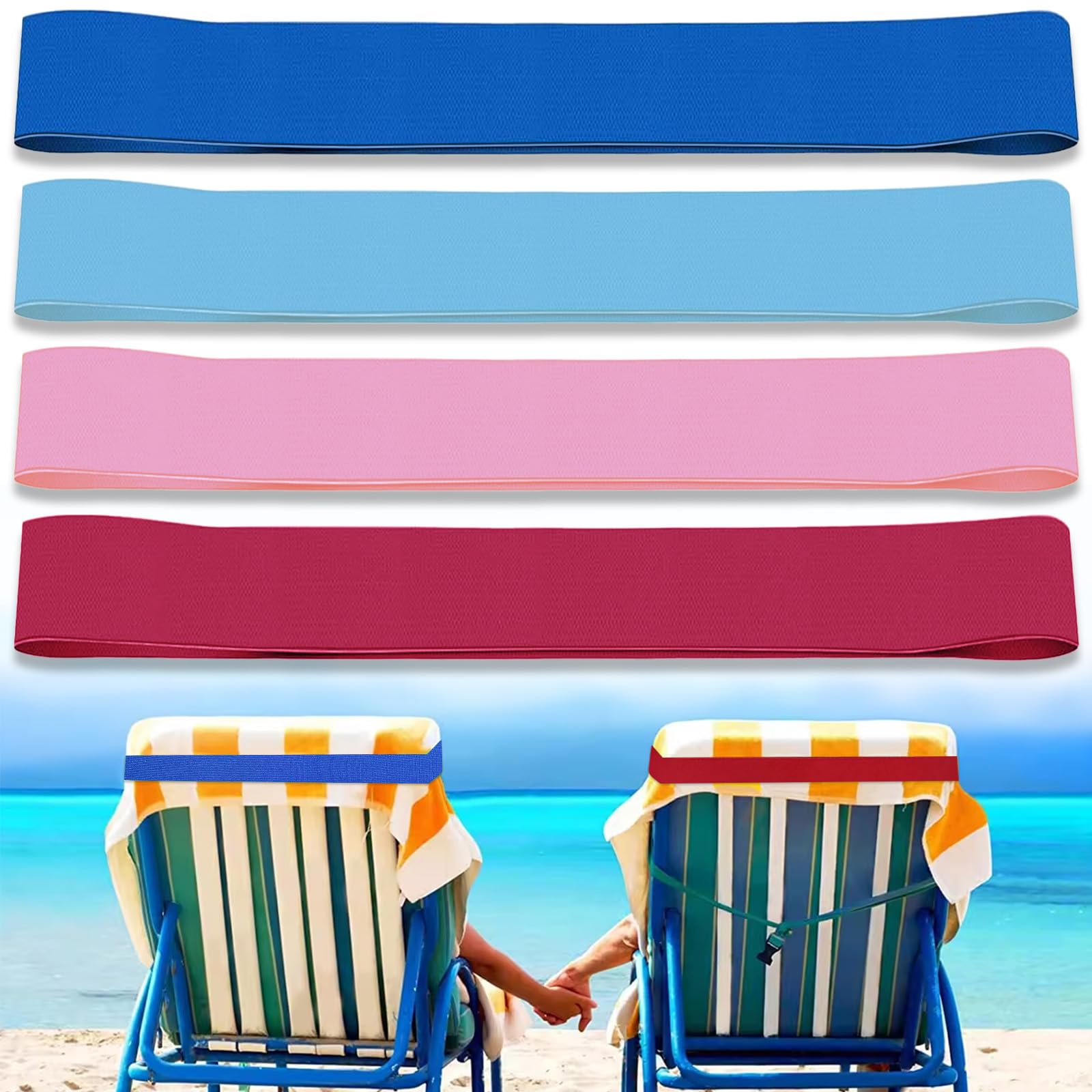Leogony Blue + Bright Red + Pink + Water Blue 4 Pcs Beach Towel Bands For Sun Loungers, Sunbed Towel Bands For Beach And Pool Chair