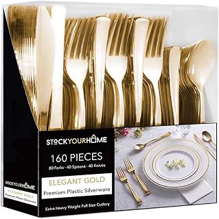 Gold Plastic Silverware Set (160 Bulk Pack) Disposable Cutlery Utensils, 80 Gold Forks, 40 Gold Knives, 40 Gold Spoons, Heavy Duty Flatware For Holidays, Parties, Dinners, Weddings, and Occasions