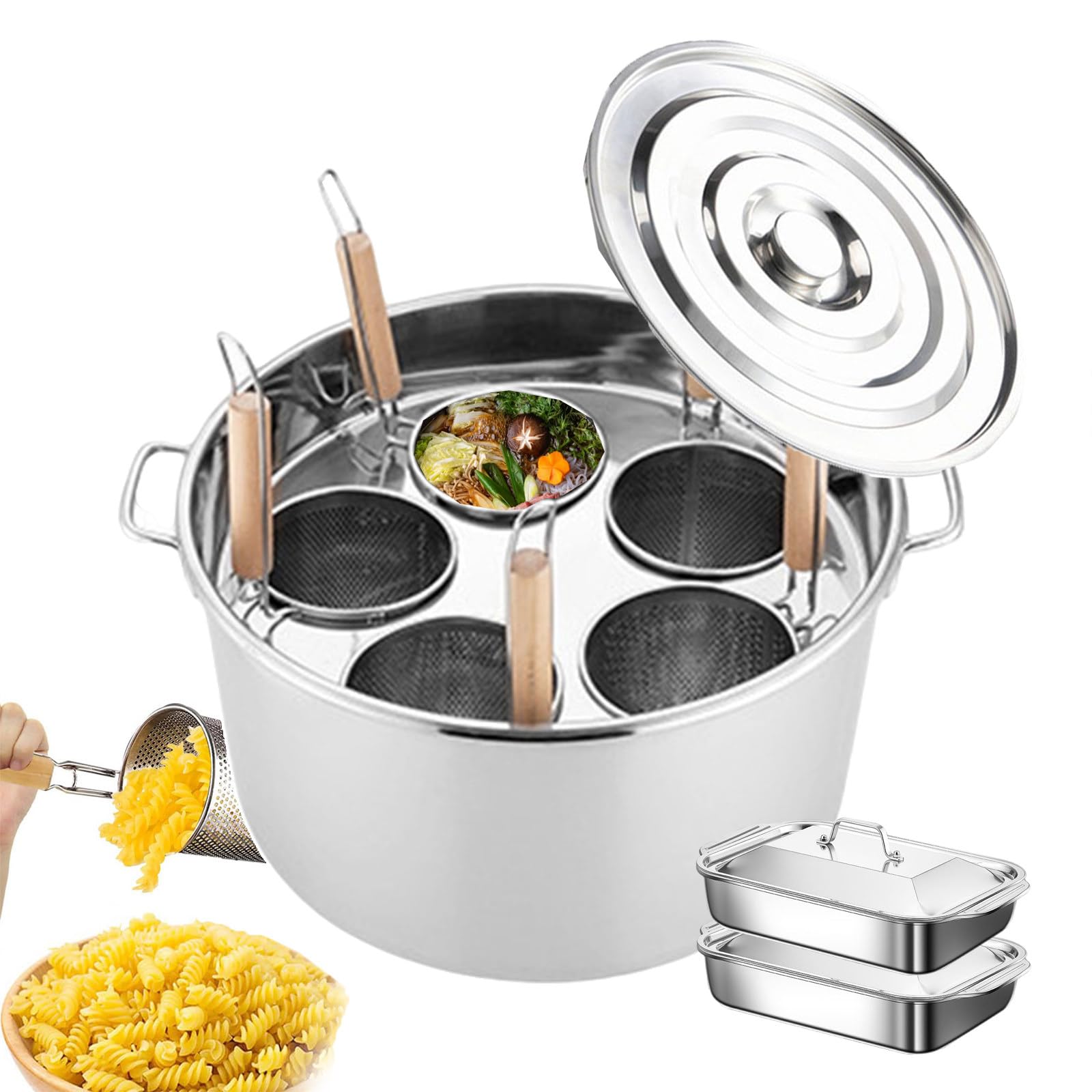 Machine de cuisson de pâtes commerciale - avec 2 plaques de cuisson, marmites à pâtes et marmites - avec 5 paniers-filtres, marmite de cuisine en acier inoxydable pour nouilles/boulettes/vermi