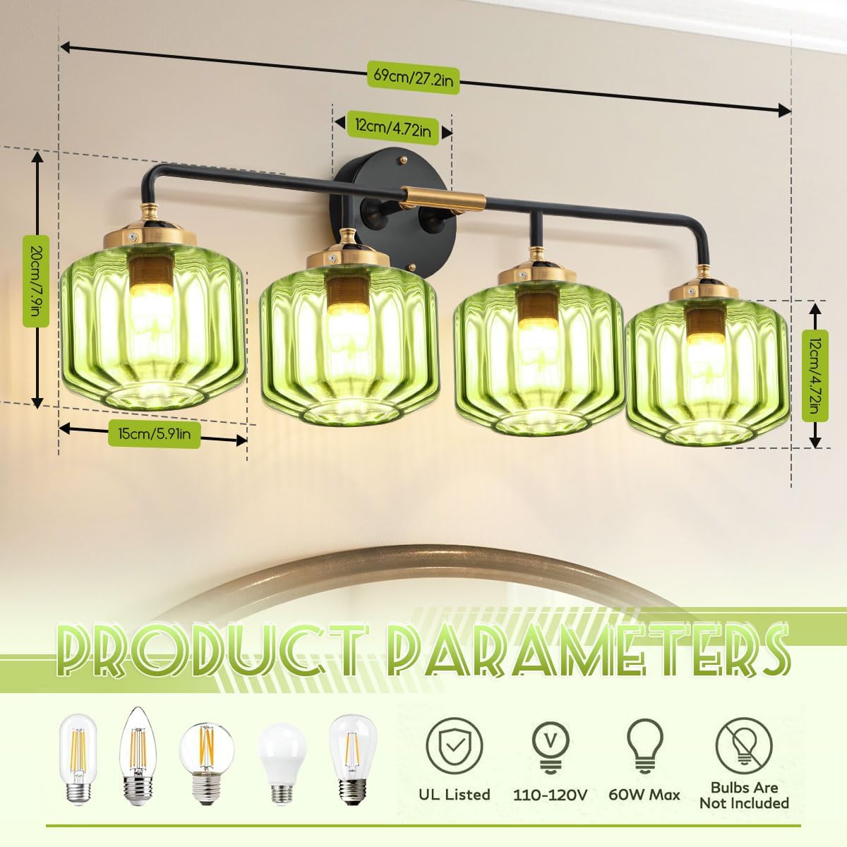 Vintage Bathroom Light fixtures Bath Vanity Lights Over Mirror Modern Brushed Gold Wall Lights with Green Glass Globe Shades 4 Light Mid Century Vanity Lamp Bathroom Lighting Fixture