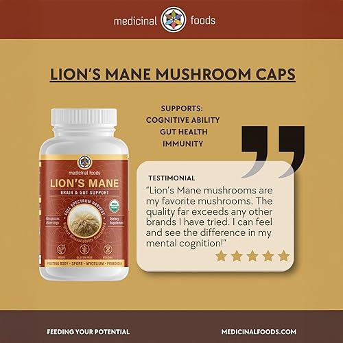 Miniatura 8 de Medicinal Foods Cápsulas de melena de león Suplemento dietético  Espectro completo de mayor potencia, activado por vapor orgánico, apoyo para el