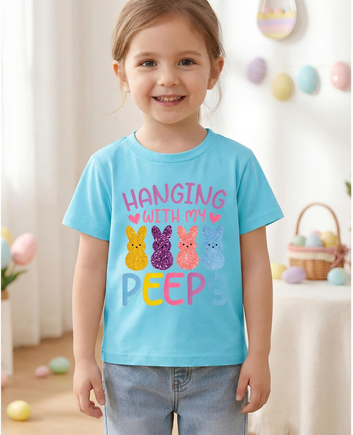 Ritatte Girls Easter Shirt for Toddlers Glitter Peeps Outfit Cute Bunny Rabbit Graphic T-Shirt Kids Short Sleeve Summer Tees