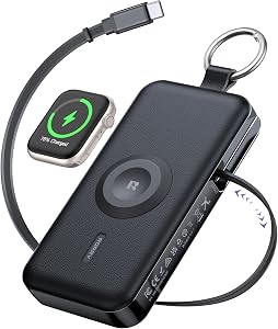RORRY CharmGo Portable Charger,12000mAh 30W Fast Charging Power Bank with Built-in Retractable USB C Cable, Battery Pack with Keychain, Travel Essentials for iPhone, Apple Watch, Black