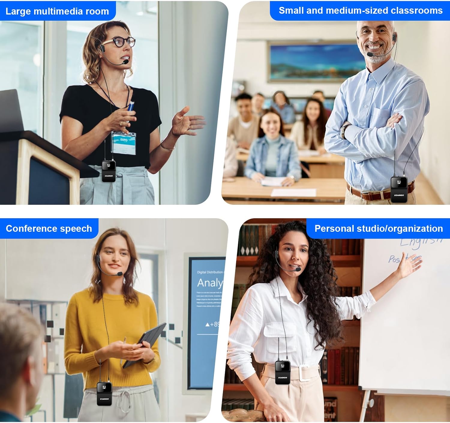 AOKEO Wireless Microphone System,Metal Wireless Mic Set with Bodypack/Headset,2 x 30 UHF Frequencies, Cordless Mic for Singing, Karaoke,Church - Image 7