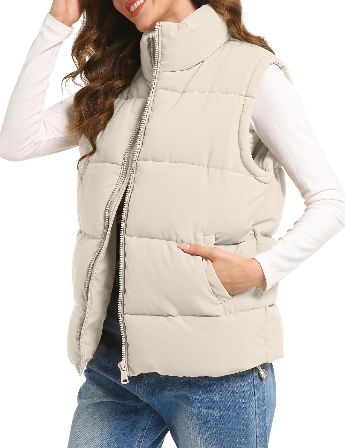 Polu Puffer Vest Women Zip Up Stand Collar Sleeveless Puffer Vests Oversized Padded Gilet Jacket - Image 2