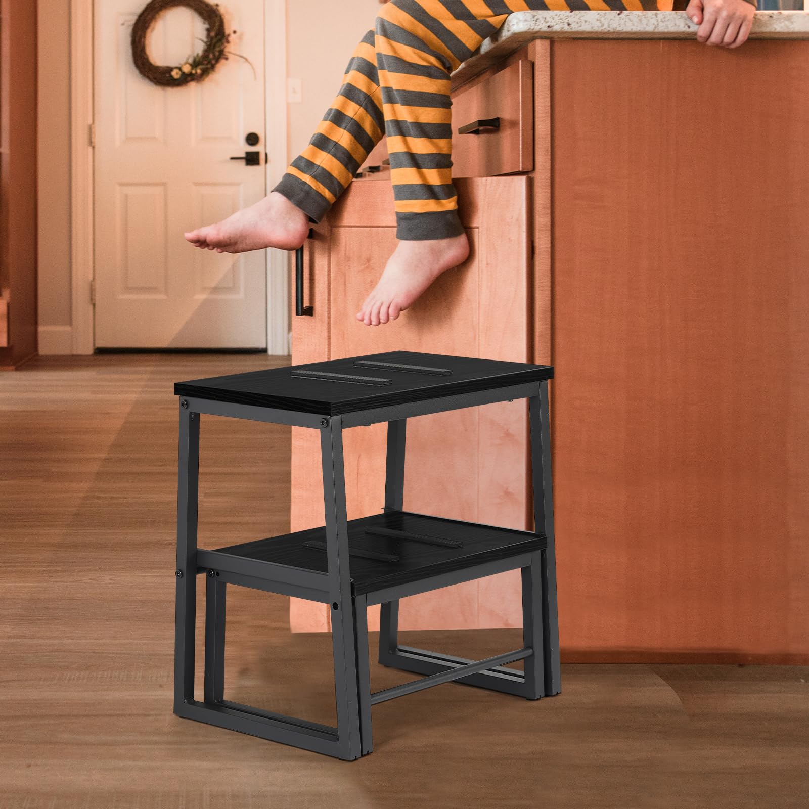 LIANTRAL 2 w 1 stołek dla dorosłych i dzieci, 2 poziomy, drewniany taboret o nośności 160 kg, metalowa rama, podnóżek do łóżka piętrowego, antypoślizgowy taboret do kuchni, biura, zamek błyskawiczny