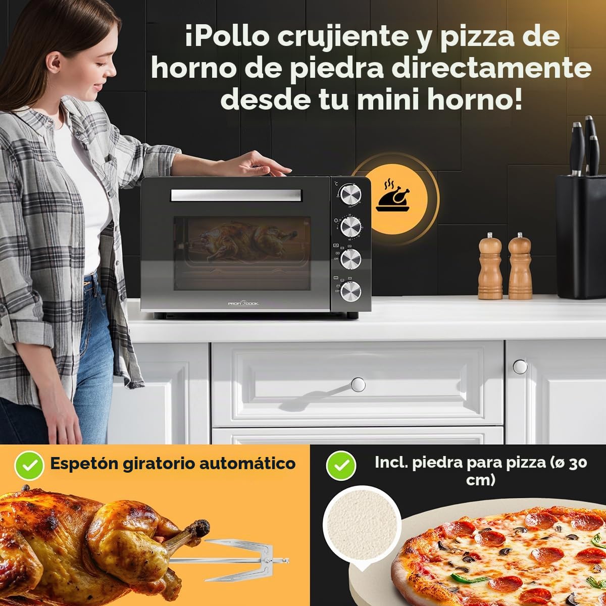 Mini horno ProfiCook 30L | Convección + calor arriba/abajo | Mini horno con asador y piedra para pizza | 100°C - 230°C | Mini horno con convección y temporizador | Horno pequeño 1500W | PC MBG 1277