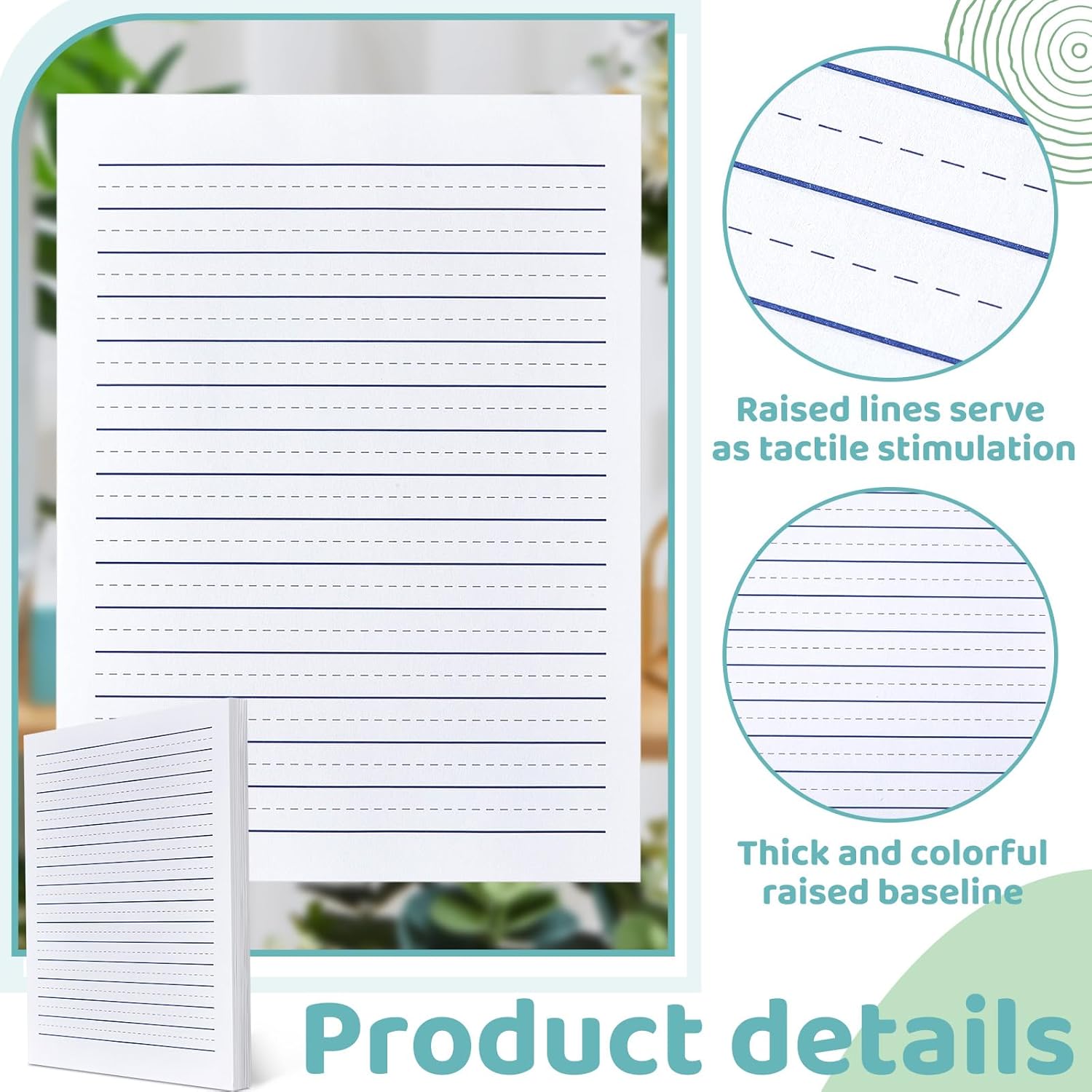 Yeaqee 120 Sheets Raised Ruled Paper Portrait Handwriting Paper Kindergarten for Kids Teachers Sensory with Line, 8.3 x 11.2 Inch White