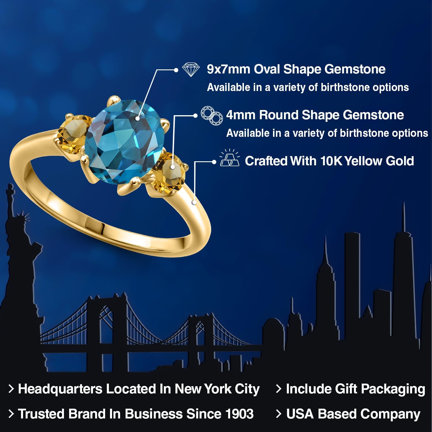 Gem Stone King 10K Yellow Gold London Blue Topaz and Yellow Citrine Engagement Ring For Women | 2.76 Cttw | Oval 9X7MM | Gemstone November Birthstone - Image 2