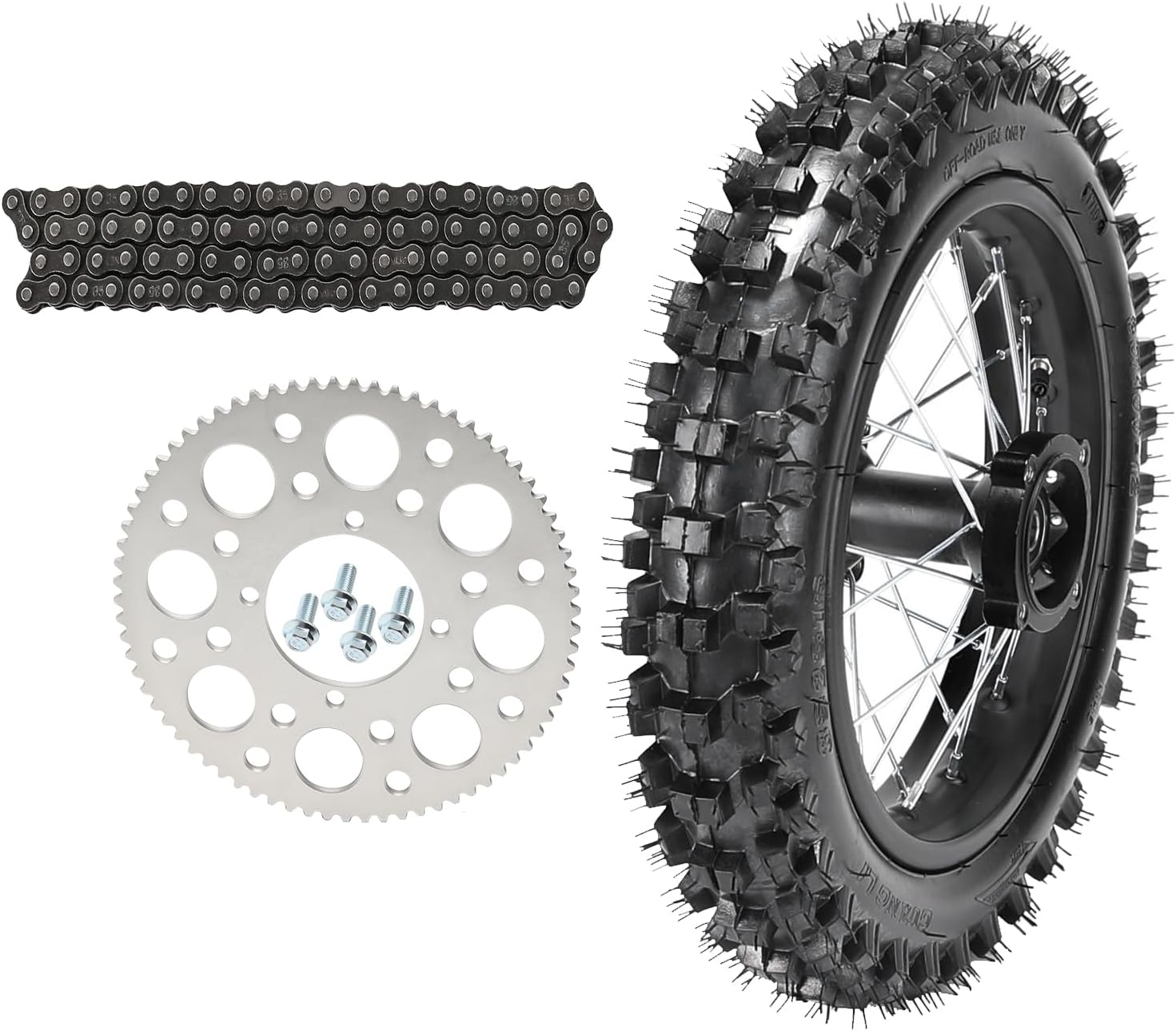 80/100-12 3.00-12 Tire and Rim Rear Wheel Assembly + #35 73T 76MM Sprocket + 116 Links Chain for Disc Brake Dirt Pit Bike Off-Road Motorctycle Taotao CRF Taotao Apollo SSR Baja (15mm Bearing)