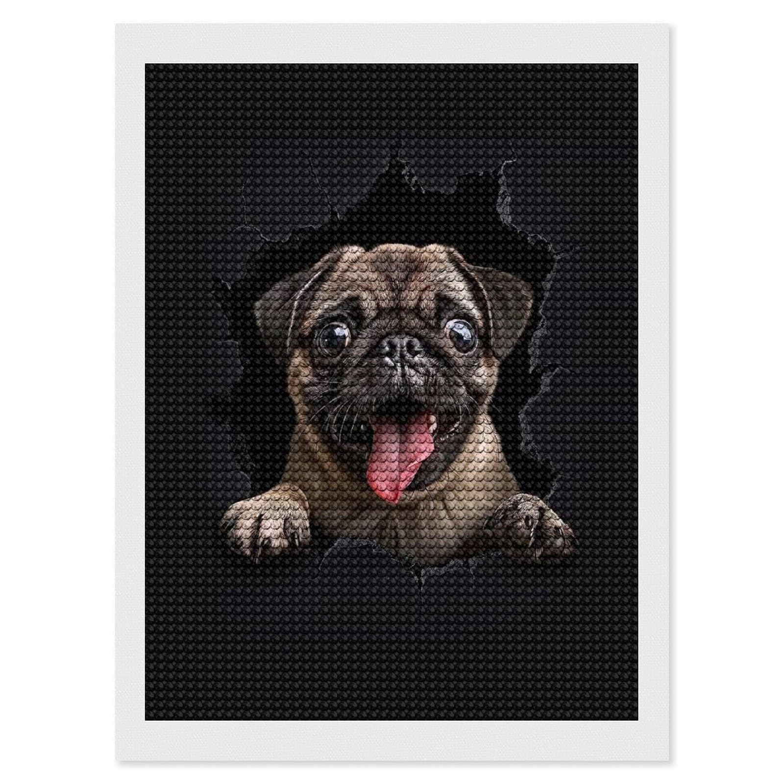 Junmoney Pug Dog Diamond Painting Canvas Kit 12"x16", Round Gems, Living Room Decor, Seasonal Gift Choice, Modern Decor