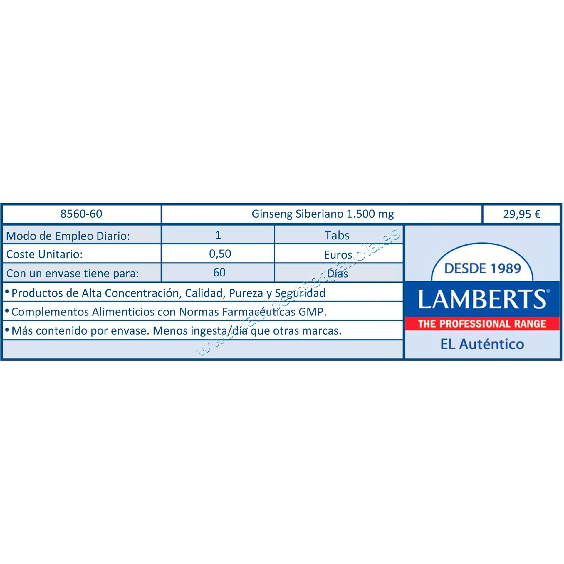 Lamberts Ginseng Siberiano 1500Mg, 60 Tabletas, 60 unidad, 1