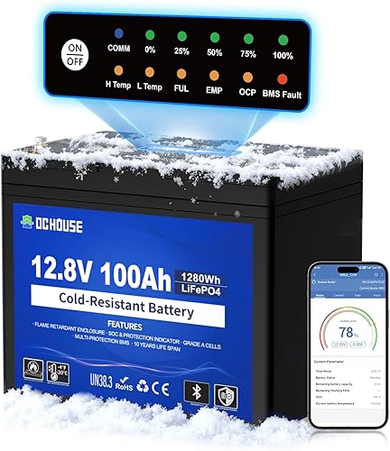 DC HOUSE Batería de motor de arrastre de litio resistente al frío de 12 V 100 AH con indicadores de estado SOC, descarga de temperatura L de hasta