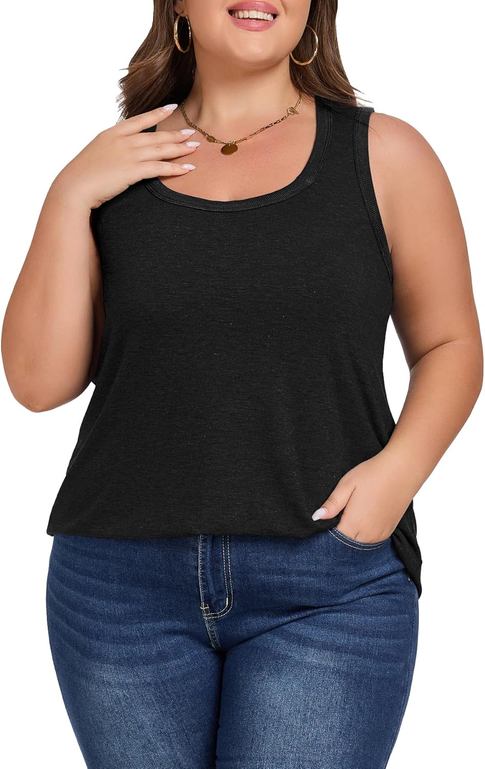 Womens Plus Size Loose Fit Tank Tops Summer Workout Sleeveless Tops Scoop Neck Tunic T-Shirt Curved Hem Casual Flowy Shirt Black X-Large - Image 2