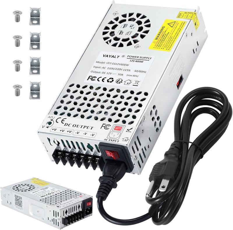 VAYALT Fuente de alimentación conmutada DC 12 V 50 A 600 W, convertidor de CA a CC de 110 V/220 V, conmutación regulada universal, fuente de alimentación de 12 V para sistema de cámara CCTV, impresora 3D, tira LED, proyecto de computadora
