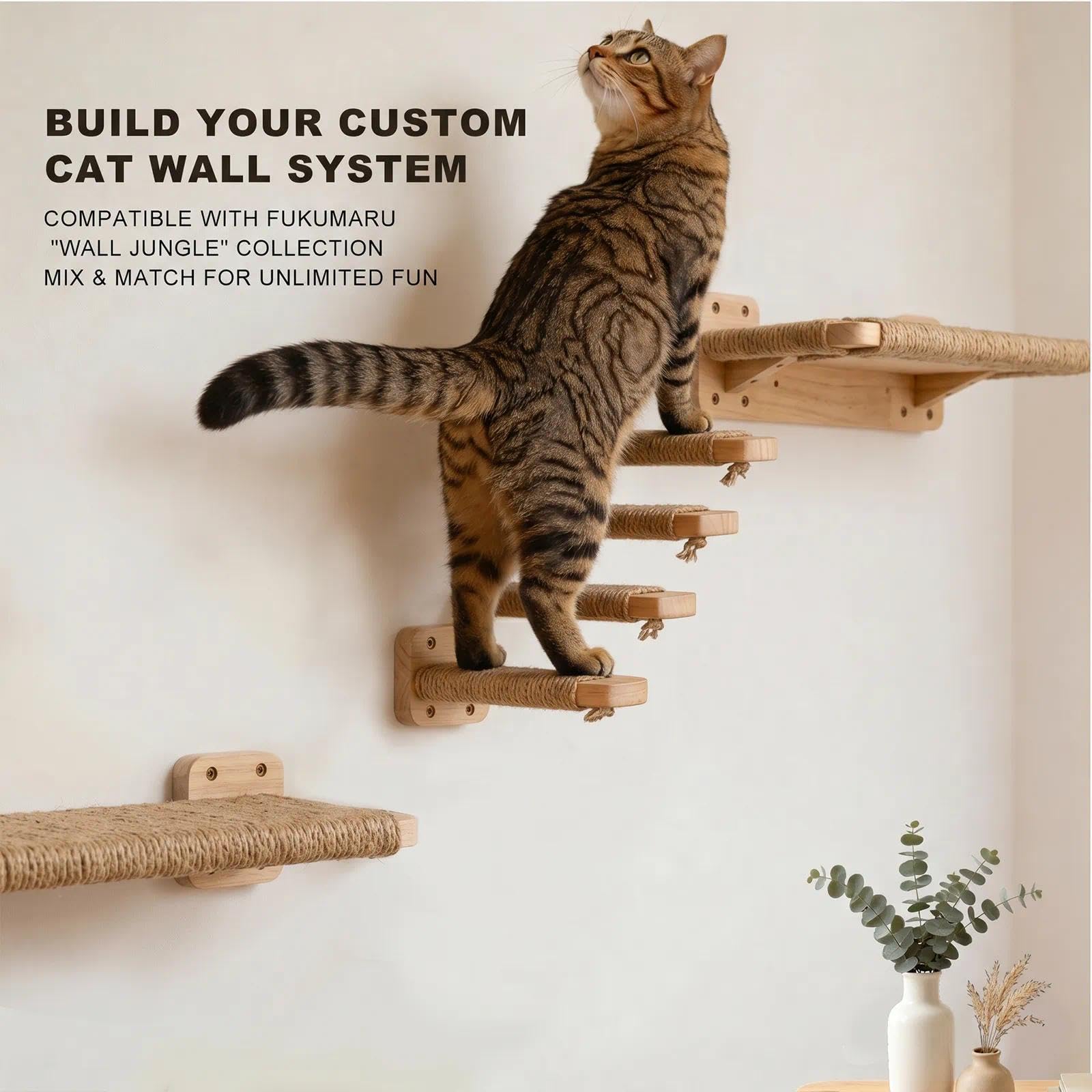 4pcs Katzentreppe Wand, Kletterwand Katzen aus Holz,Wandliege Kletterwand Katzen mit Juteseil zum Kratzen, für Katze Klettern Spielen Massives Gummiholz