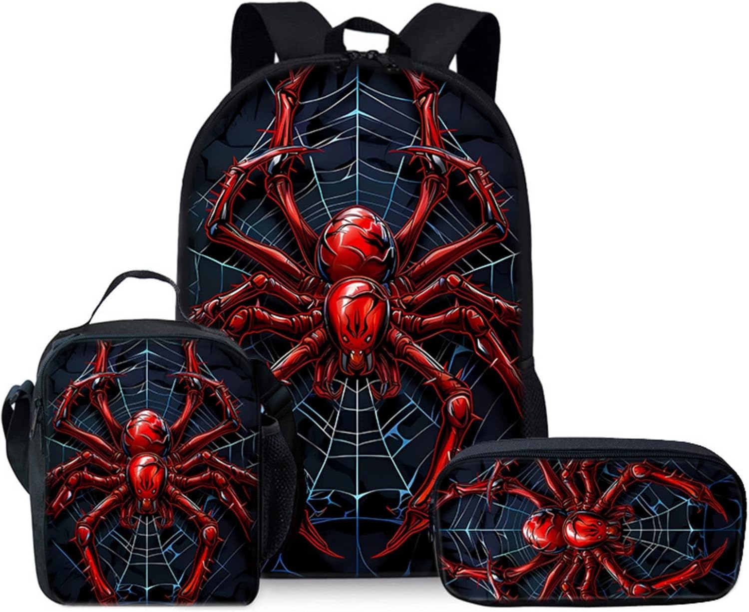 KAweh Cool Spider Backpack Set, 3PCS Bookbag with Lunch Bag & Pencil Pouch for Travel & Daily Use (red)