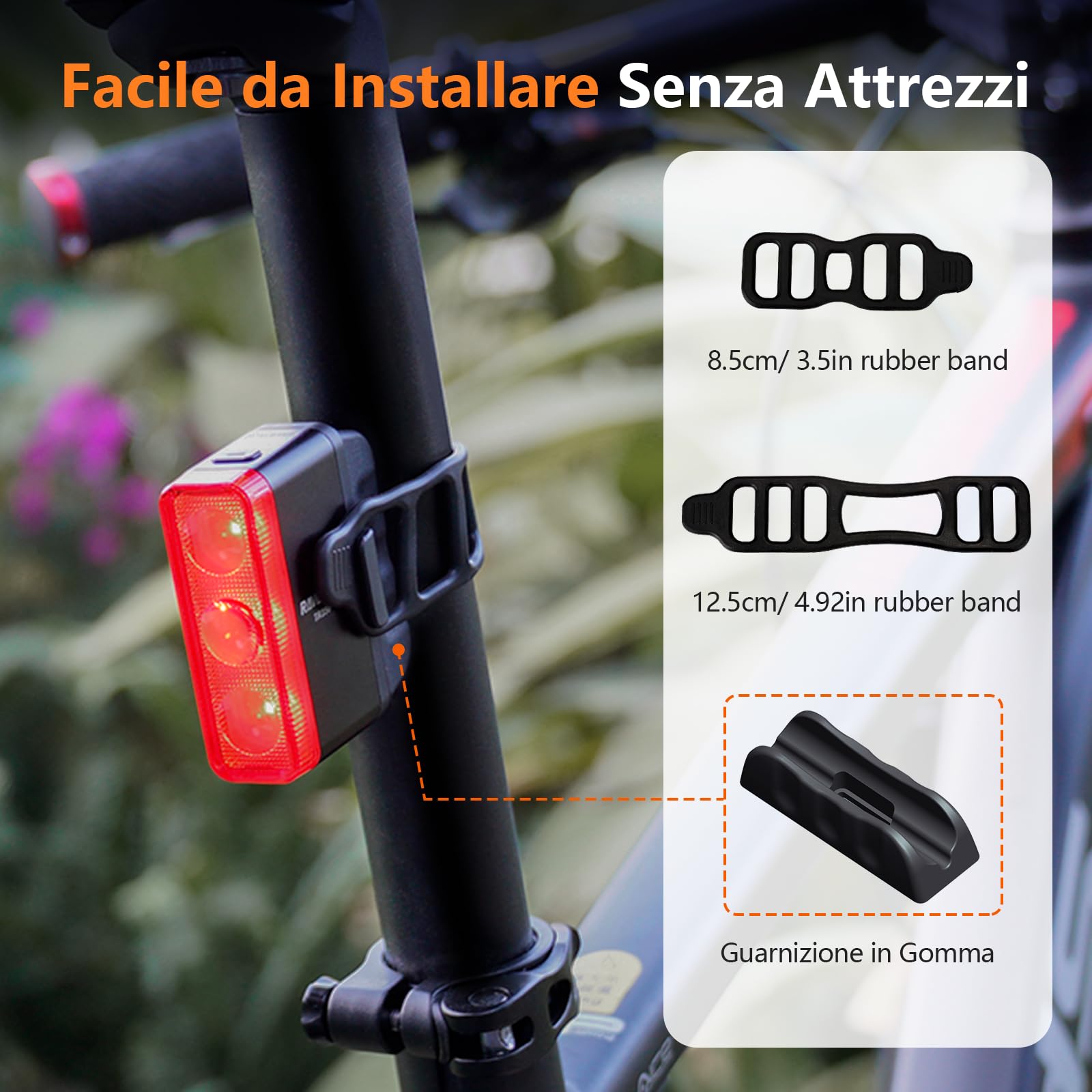 RAVEMEN TR500 500 Lumen fanale Posteriore per Bici per Guida Notturna Diurna,Luce Posteriore per Bici con sensore di frenata, USB C Ricaricabile Montare i reggisella Rotondi/aerodinamici