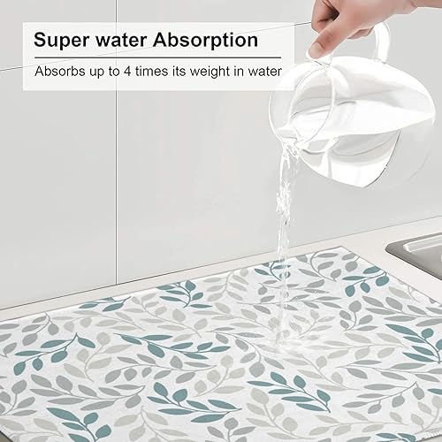Vista 138 de Tapete de secado de platos de hojas florales verdes para encimera de cocina, 18 x 24 pulgadas, tapete absorbente reversible para platos Hoja floral