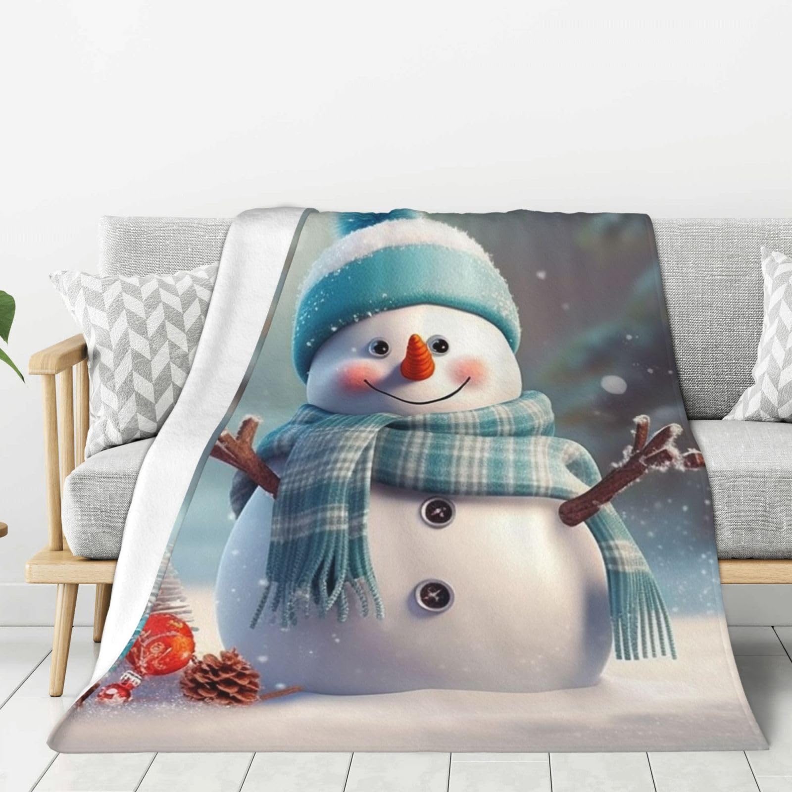 Cute Snowman Throw Blanket Plush Flannel Fleece Blanket, Soft Lightweight Cozy Blankets 60"X50" for Bed Couch Sofa Travel