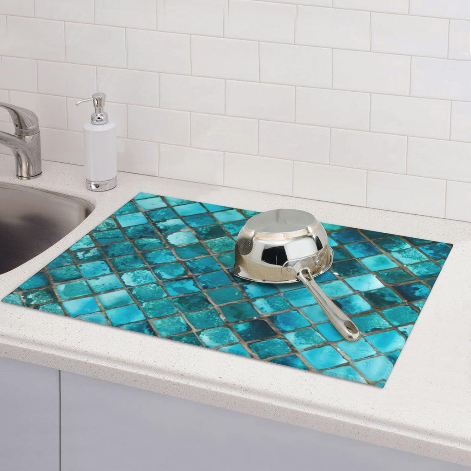 Dish Drying Mat Turquoise Blue Pattern Microfiber Absorbent Reversible Kitchenware Mat for Kitchen Counter Decor - Large 18 x 24 Inch
