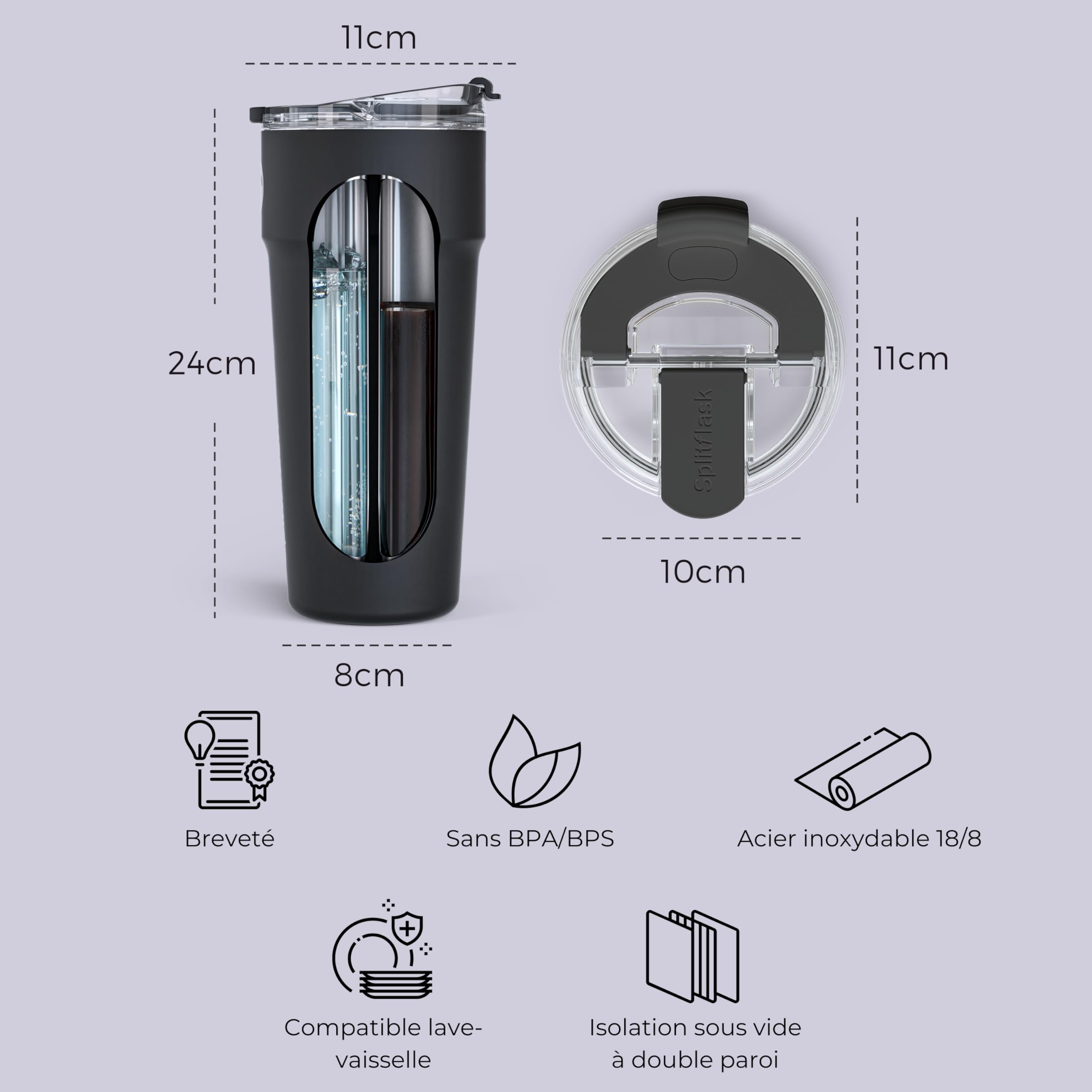 Splitflask Gobelet de voyage 2 en 1 – 850ml Gobelet isotherme à double compartiment, Tasse en acier inoxydable étanche, Boissons chaudes et froides, Bouteille pour café et eau - Blanc | Cafe et eau froide en meme temps, dans un seul gobelet. 850 ml, acier